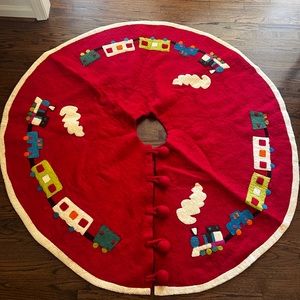 Acadia Home Hand made 100% wool tree skirt red with trains